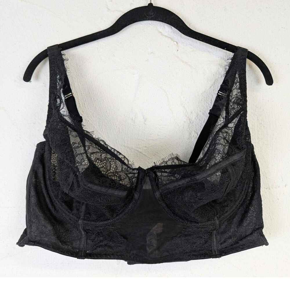 Cacique Black Lace Balconette Bra 42DD Sheer Boudoir Burlesque Lingerie Goth